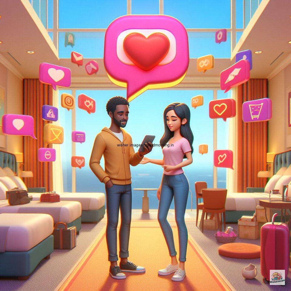 couple love images couple parpose in the middle in the park with flowers d cartoon with love vibes like a Caricature face ()