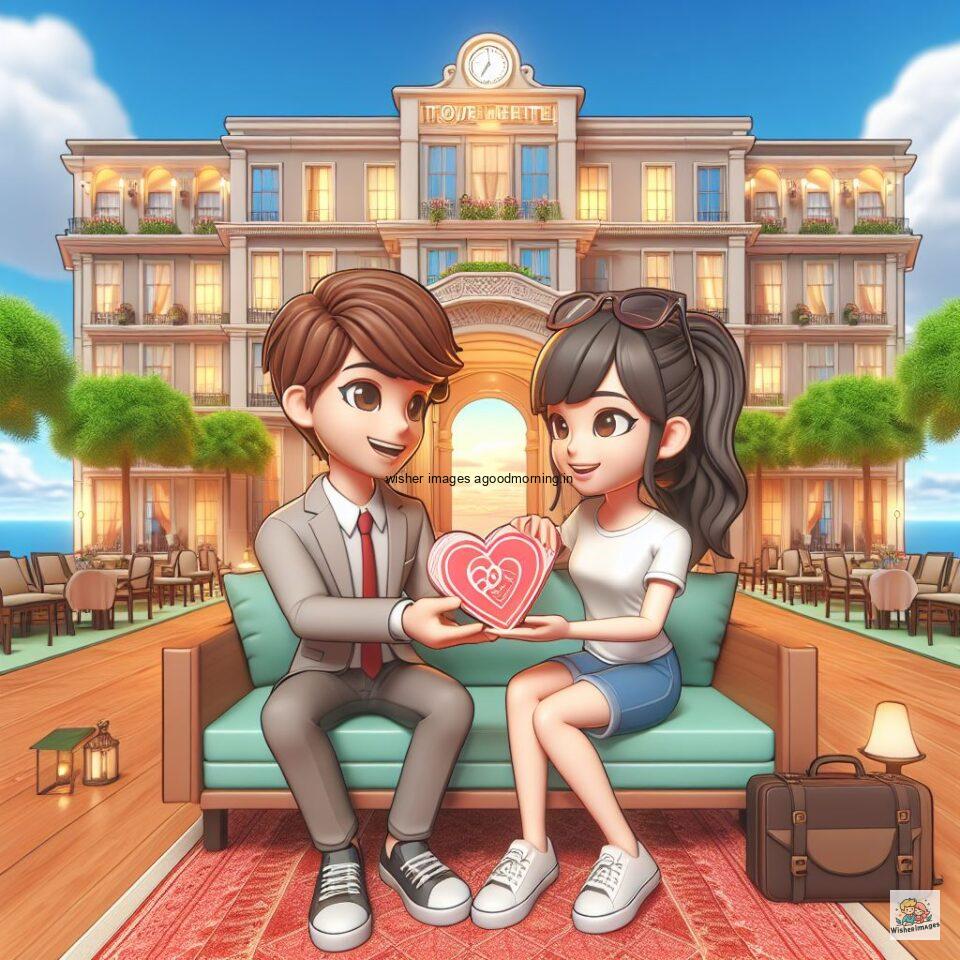 couple love images couple parpose in the middle in the park with flowers d cartoon with love vibes like a Caricature face ()