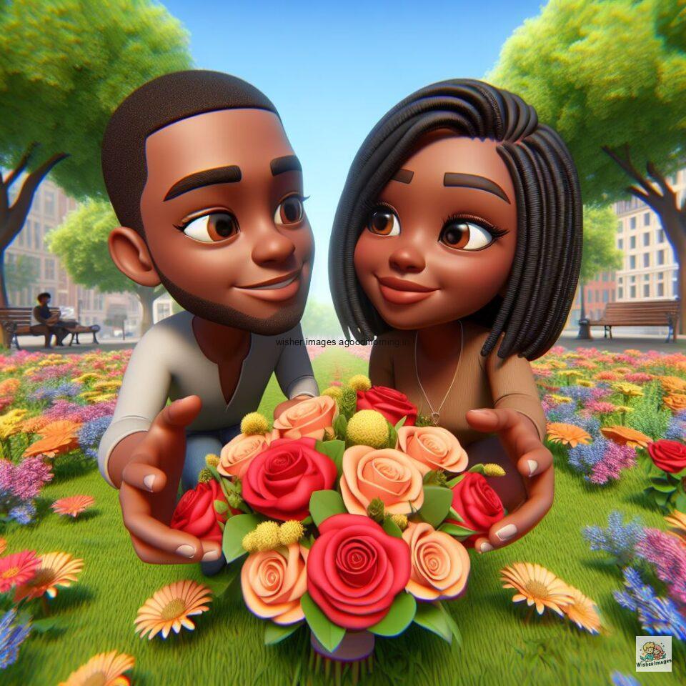 couple love images couple parpose in the middle in the park with flowers d cartoon with love vibes like a Caricature face ()