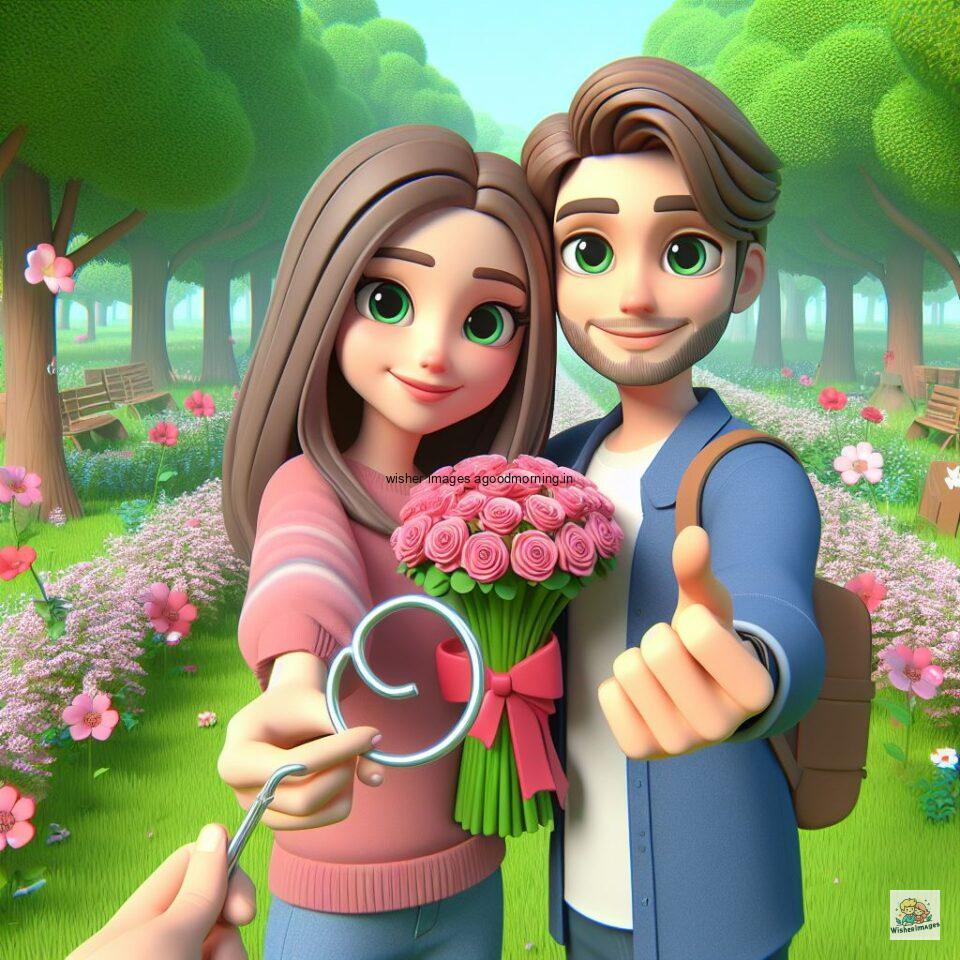 couple love images couple parpose in the middle in the park with flowers d cartoon with love vibes like a Caricature face ()