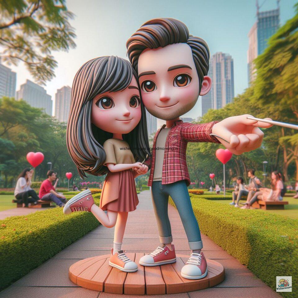 couple love images couple parpose in the middle in the park with flowers d cartoon with love vibes like a Caricature face ()