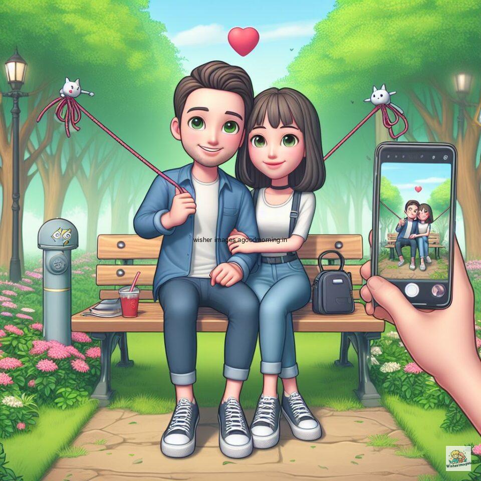 couple love images couple parpose in the middle in the park with flowers d cartoon with love vibes like a Caricature face ()