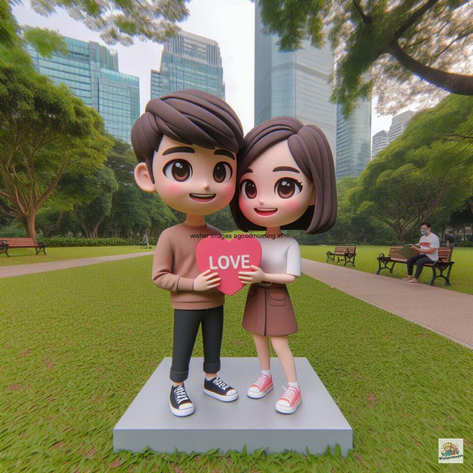 couple love images couple parpose in the middle in the park with flowers d cartoon with love vibes like a Caricature face ()