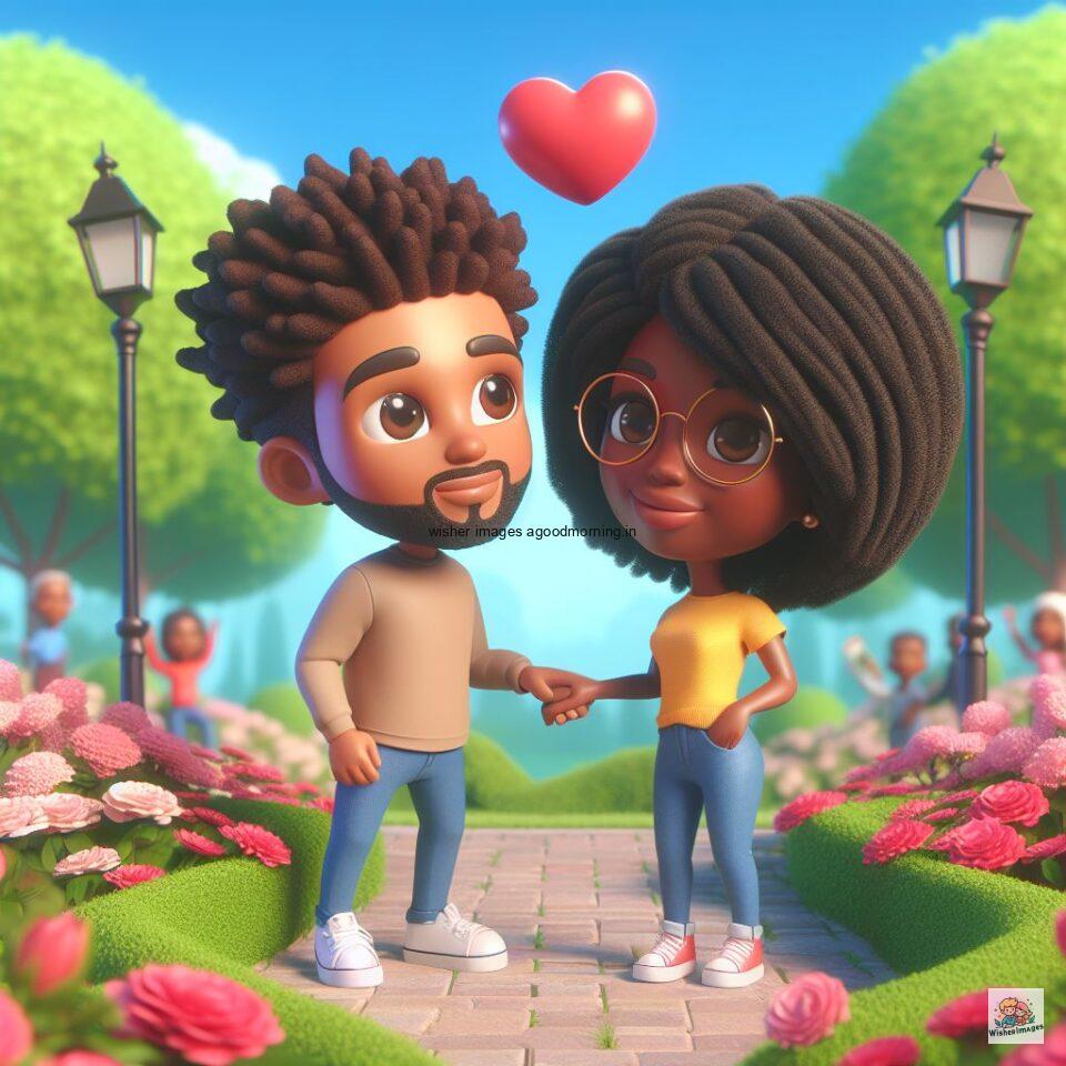 couple love images couple parpose in the middle in the park with flowers d cartoon with love vibes like a Caricature face ()