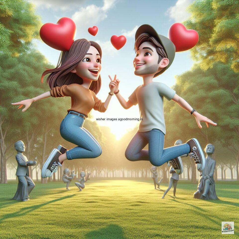 couple love images couple parpose in the middle in the park with flowers d cartoon with love vibes like a Caricature face ()