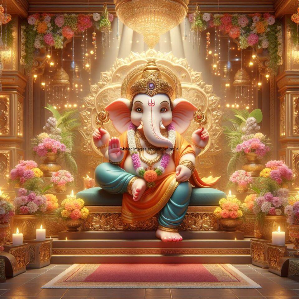 ganesh ji photo hd beautiful background with flowers setup ganesh ji seating the mandir ()