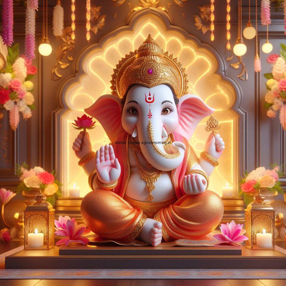 ganesh ji photo hd beautiful background with flowers setup ganesh ji seating the mandir ()