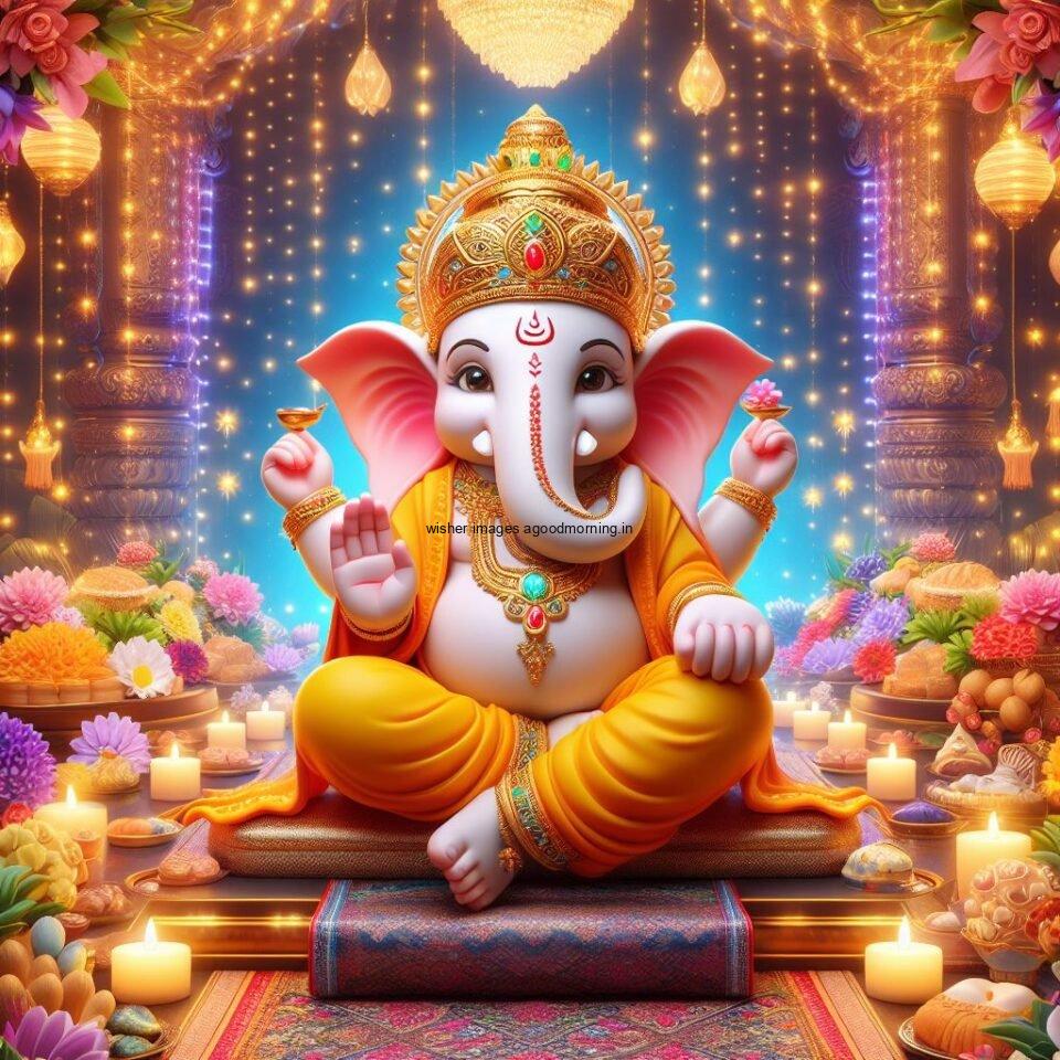 ganesh ji photo hd beautiful background with flowers setup ganesh ji seating the mandir ()