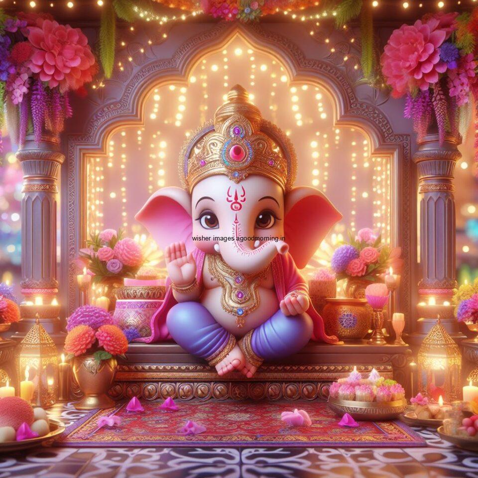 ganesh ji photo hd beautiful background with flowers setup ganesh ji seating the mandir ()