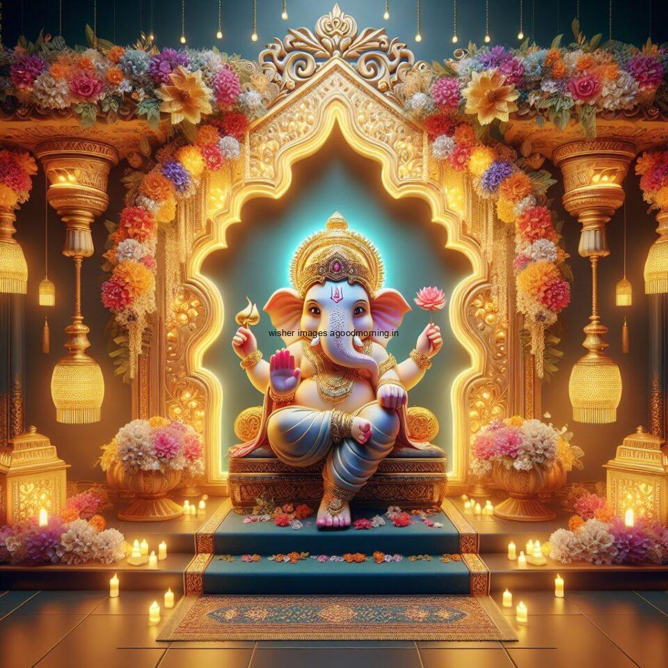 ganesh ji photo hd beautiful background with flowers setup ganesh ji seating the mandir ()