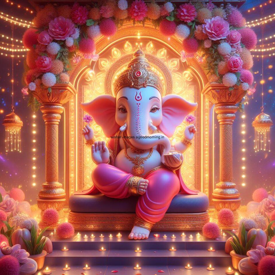 ganesh ji photo hd beautiful background with flowers setup ganesh ji seating the mandir ()