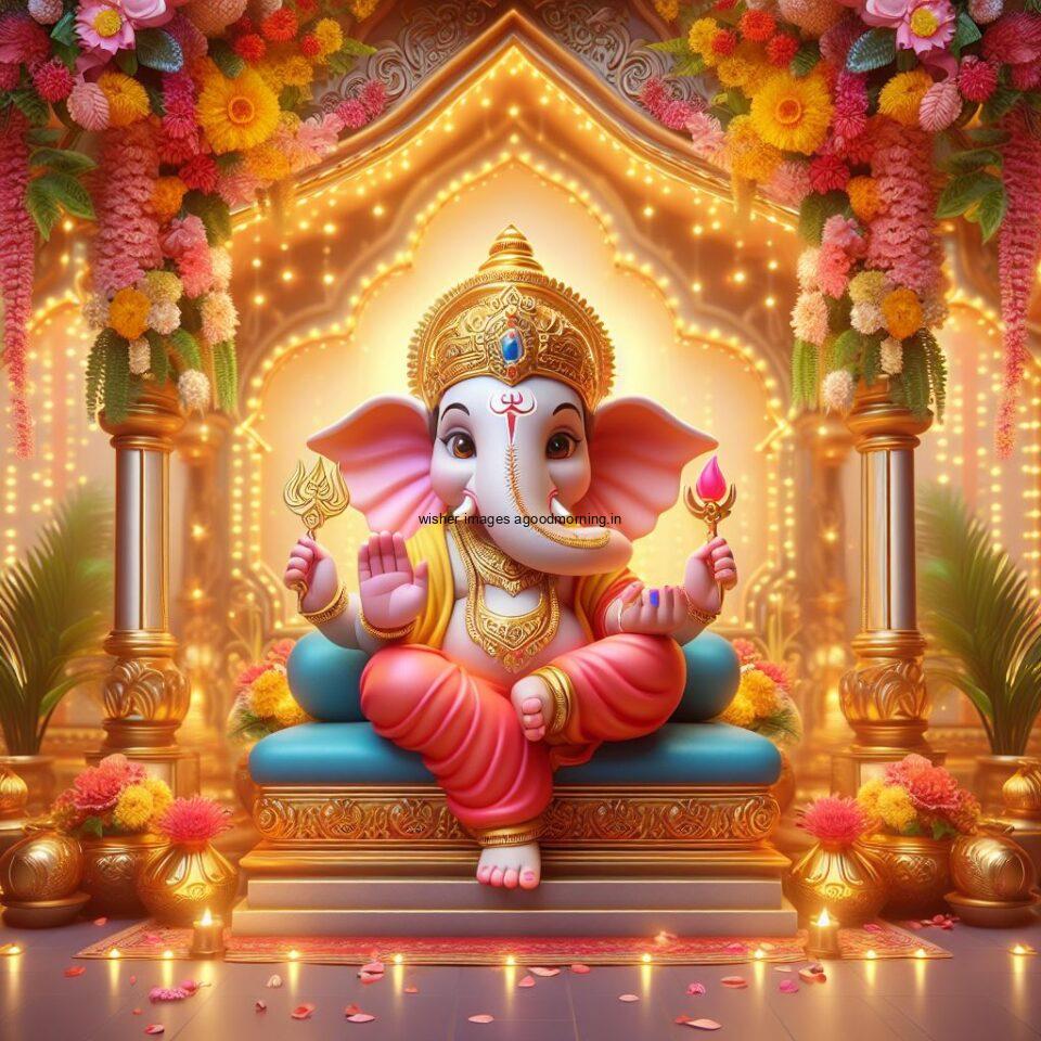 ganesh ji photo hd beautiful background with flowers setup ganesh ji seating the mandir ()