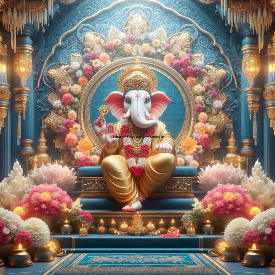 ganesh ji photo hd beautiful background with flowers setup ganesh ji seating the mandir ()