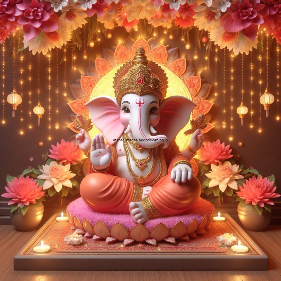 ganesh ji photo hd beautiful background with flowers setup ganesh ji seating the mandir ()