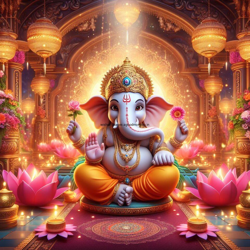 ganesh ji photo hd beautiful background with flowers setup ganesh ji seating the mandir ()