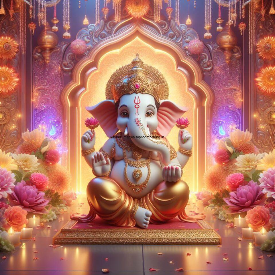 ganesh ji photo hd beautiful background with flowers setup ganesh ji seating the mandir ()