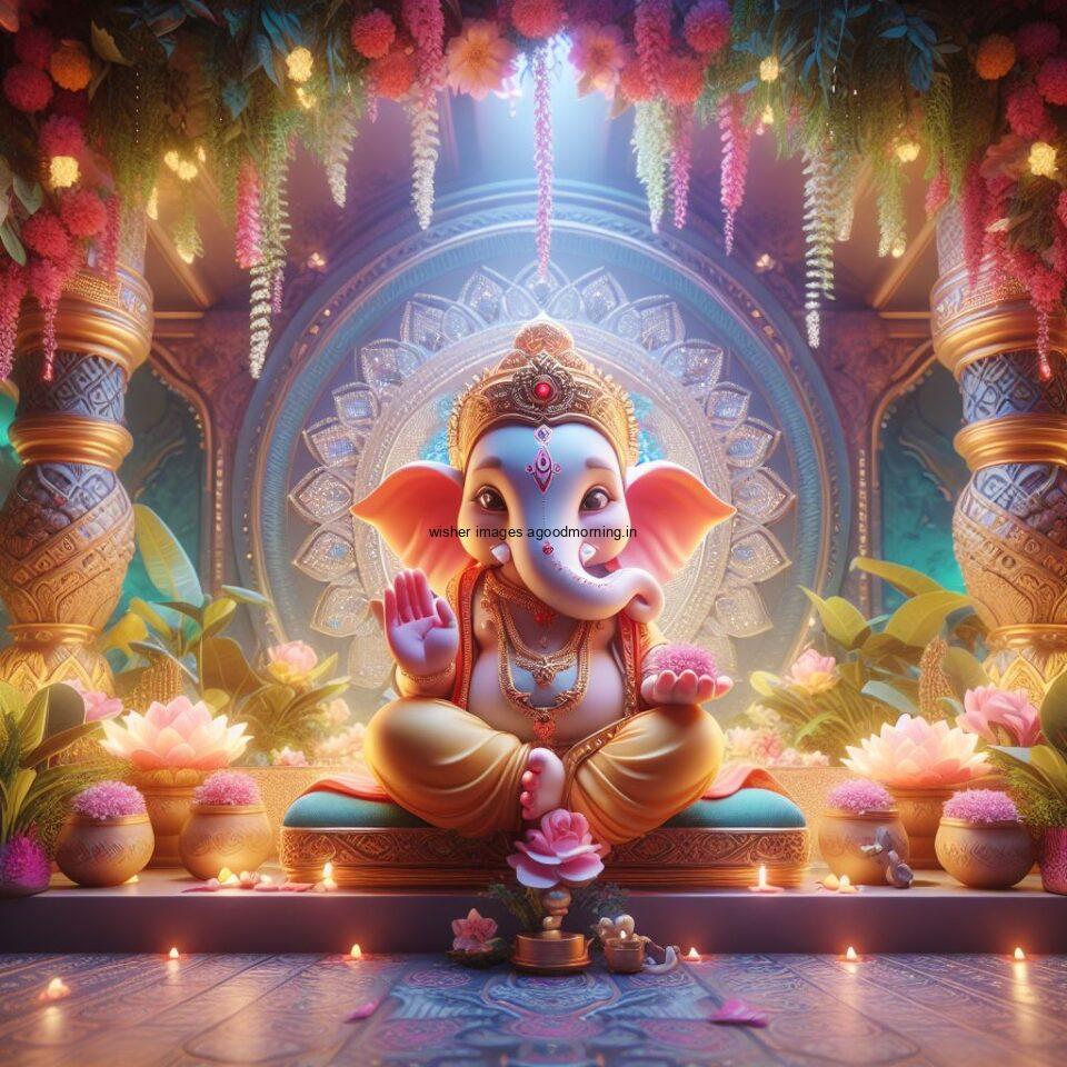 ganesh ji photo hd beautiful background with flowers setup ganesh ji seating the mandir ()