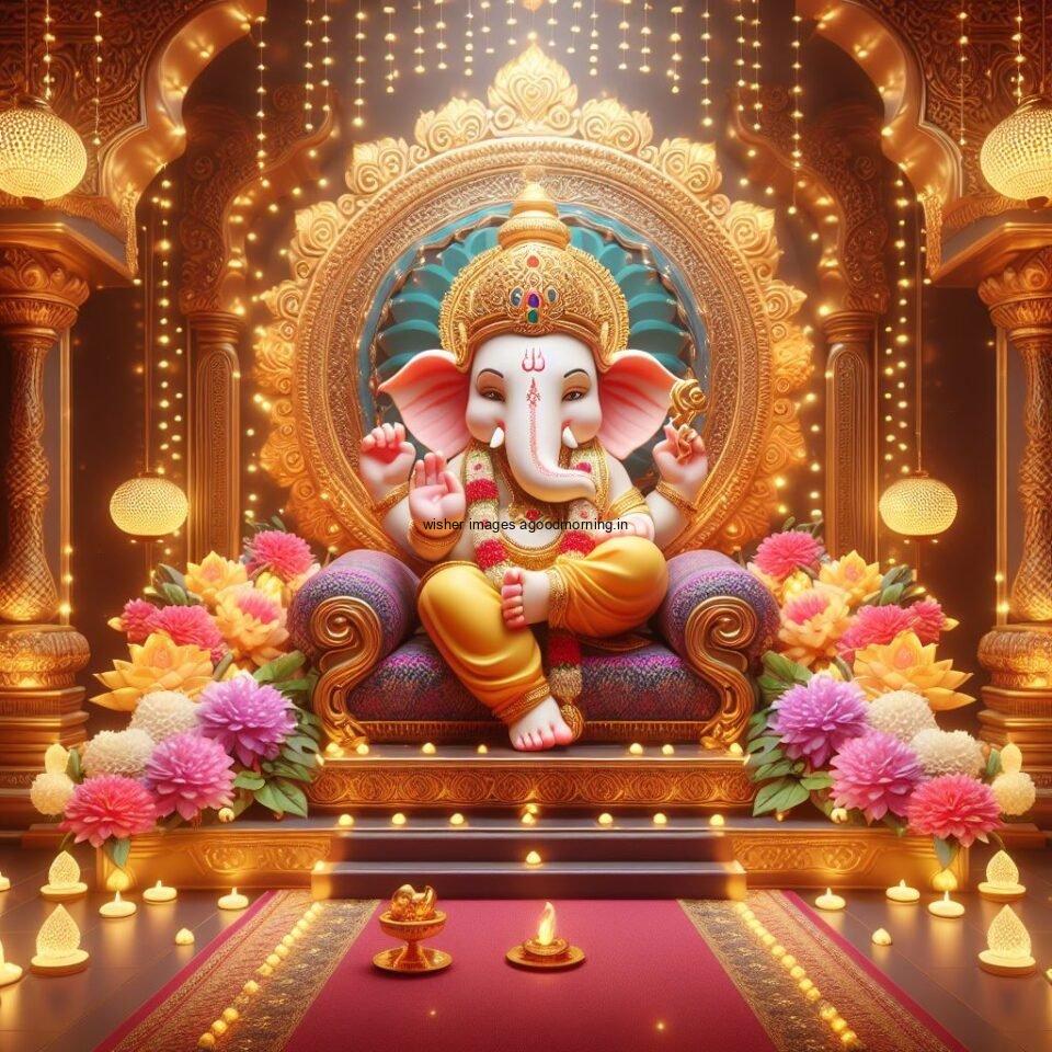 ganesh ji photo hd beautiful background with flowers setup ganesh ji seating the mandir ()