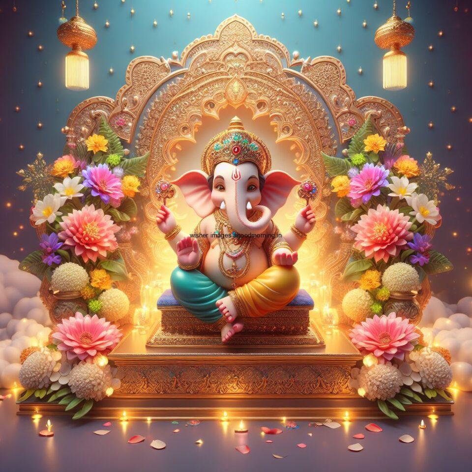 ganesh ji photo hd beautiful background with flowers setup ganesh ji seating the mandir ()