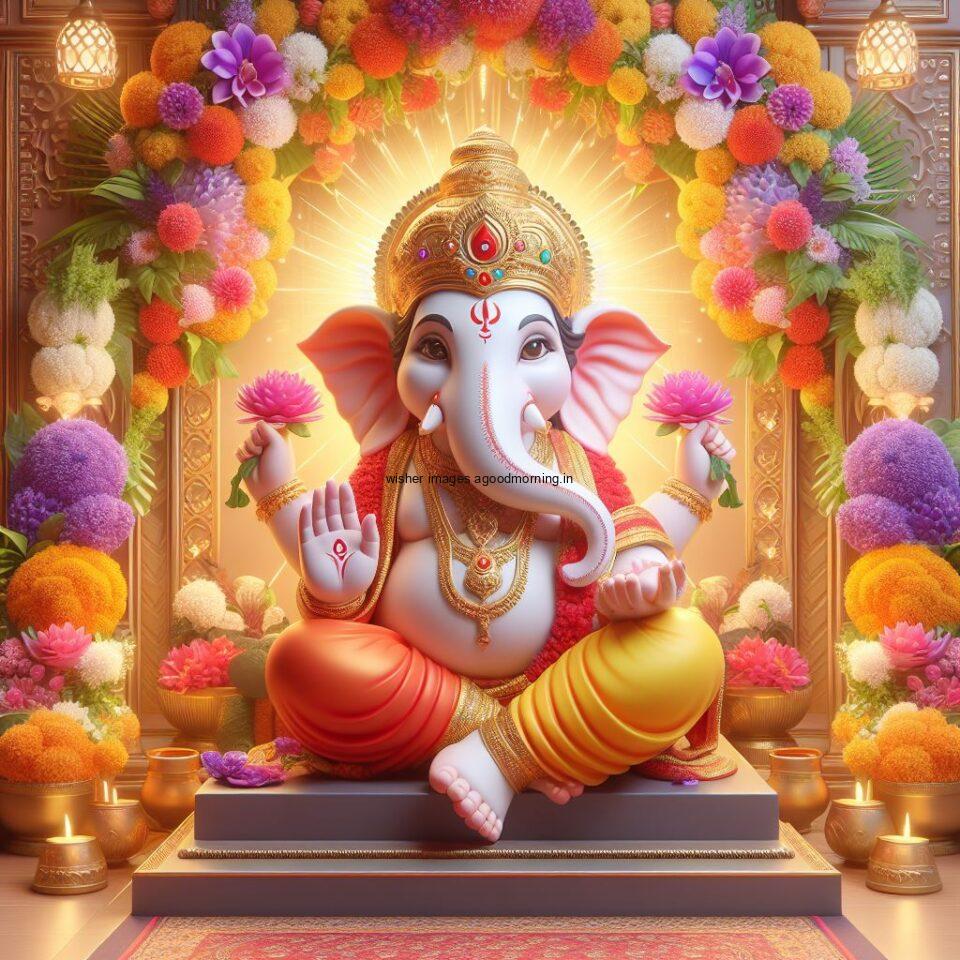 ganesh ji photo hd beautiful background with flowers setup ganesh ji seating the mandir ()