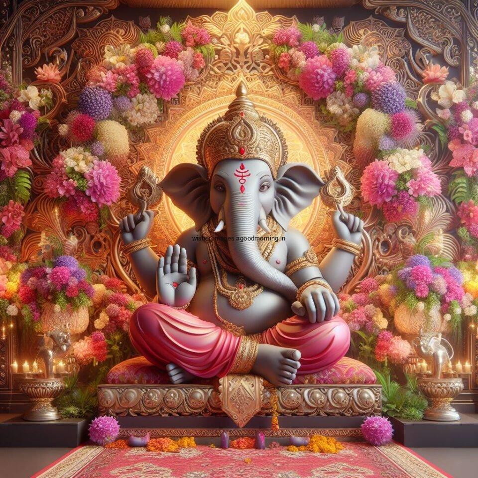 ganesh ji photo hd beautiful background with flowers setup ganesh ji seating the mandir ()