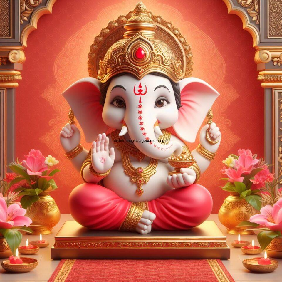 ganesh ji photo hd beautiful background with flowers setup ganesh ji seating the mandir ()