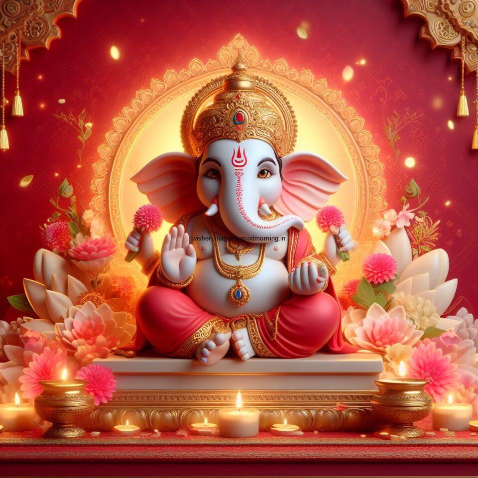 ganesh ji photo hd beautiful background with flowers setup ganesh ji seating the mandir ()