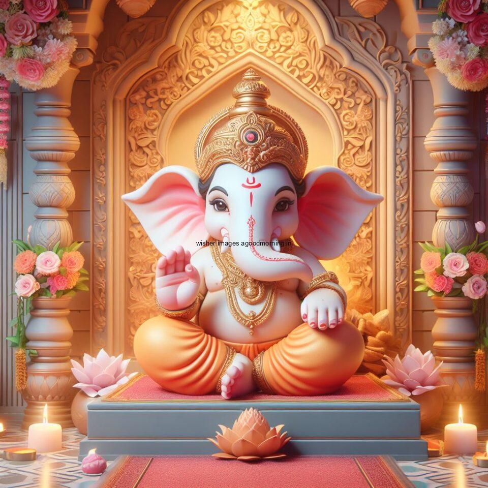 ganesh ji photo hd beautiful background with flowers setup ganesh ji seating the mandir ()