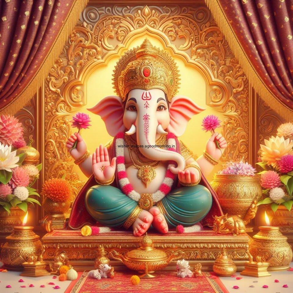 ganesh ji photo hd beautiful background with flowers setup ganesh ji seating the mandir ()