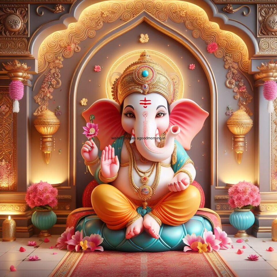 ganesh ji photo hd beautiful background with flowers setup ganesh ji seating the mandir ()