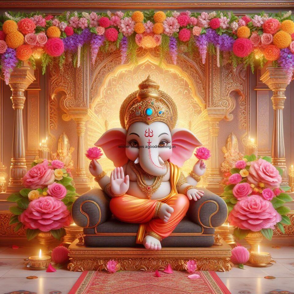 ganesh ji photo hd beautiful background with flowers setup ganesh ji seating the mandir ()