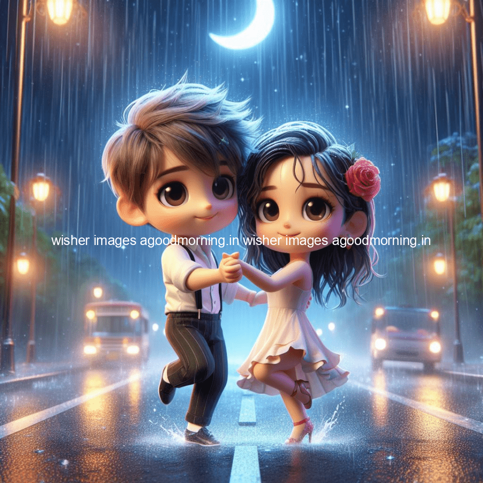 cute d couple dance in the rain in the middle of road enjoy the love movement with amazing lights setup fully d ()