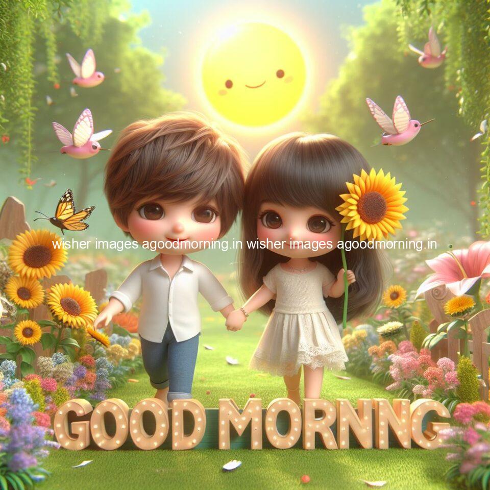 good morning couple images couple is walking in garden with all around flowers are placed with butterfly morning vibes ()