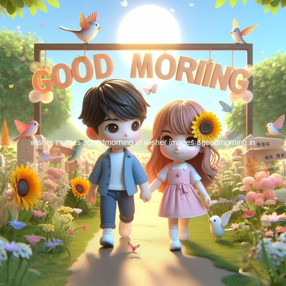 good morning couple images couple is walking in garden with all around flowers are placed with butterfly morning vibes ()