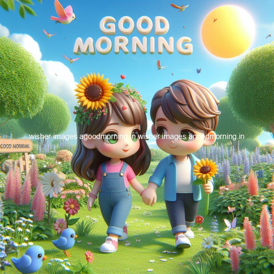 good morning couple images couple is walking in garden with all around flowers are placed with butterfly morning vibes ()