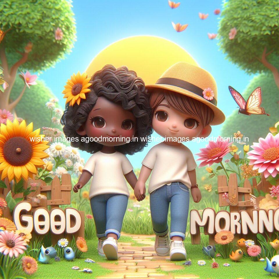 good morning couple images couple is walking in garden with all around flowers are placed with butterfly morning vibes ()