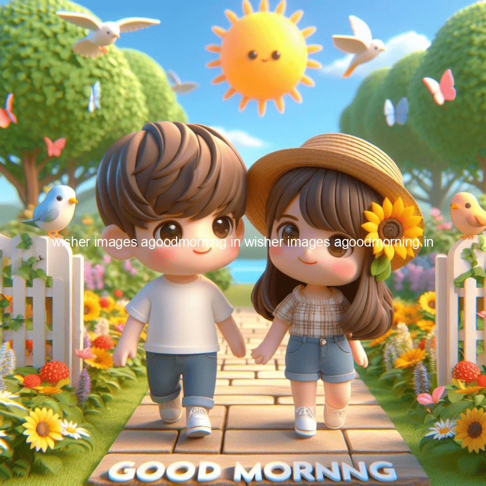 good morning couple images couple is walking in garden with all around flowers are placed with butterfly morning vibes ()