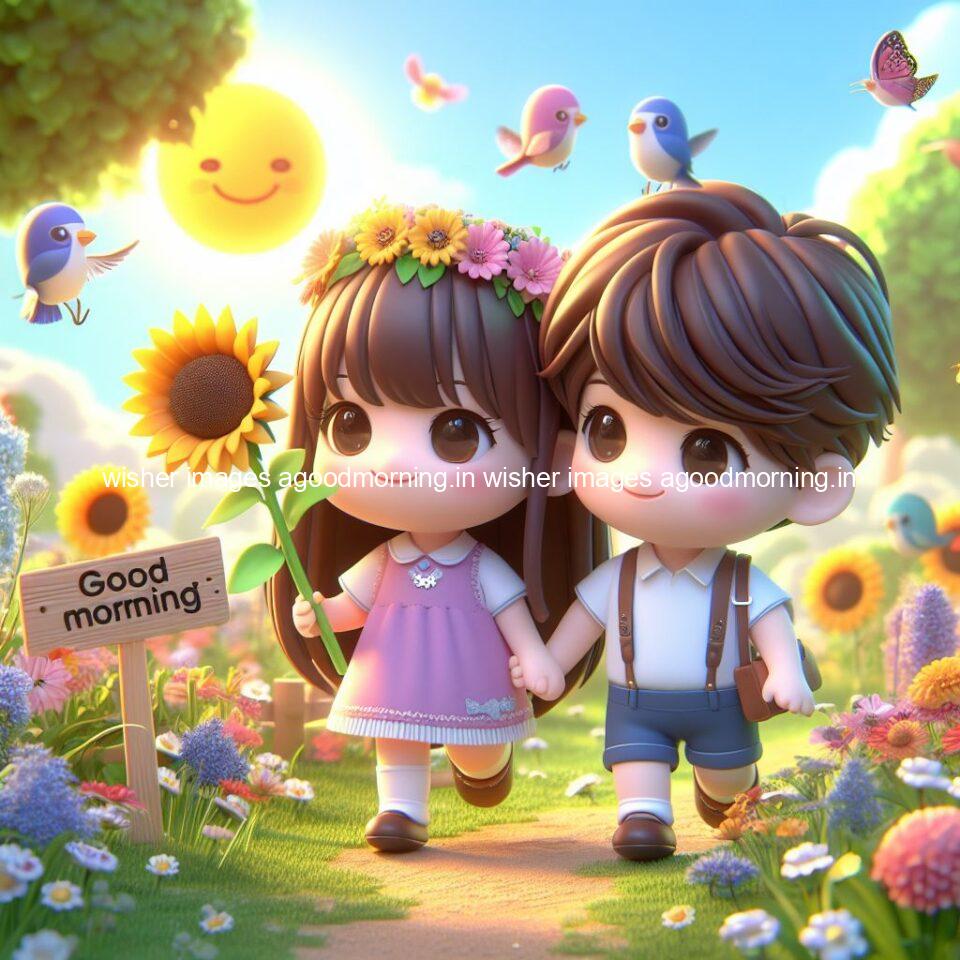 good morning couple images couple is walking in garden with all around flowers are placed with butterfly morning vibes ()