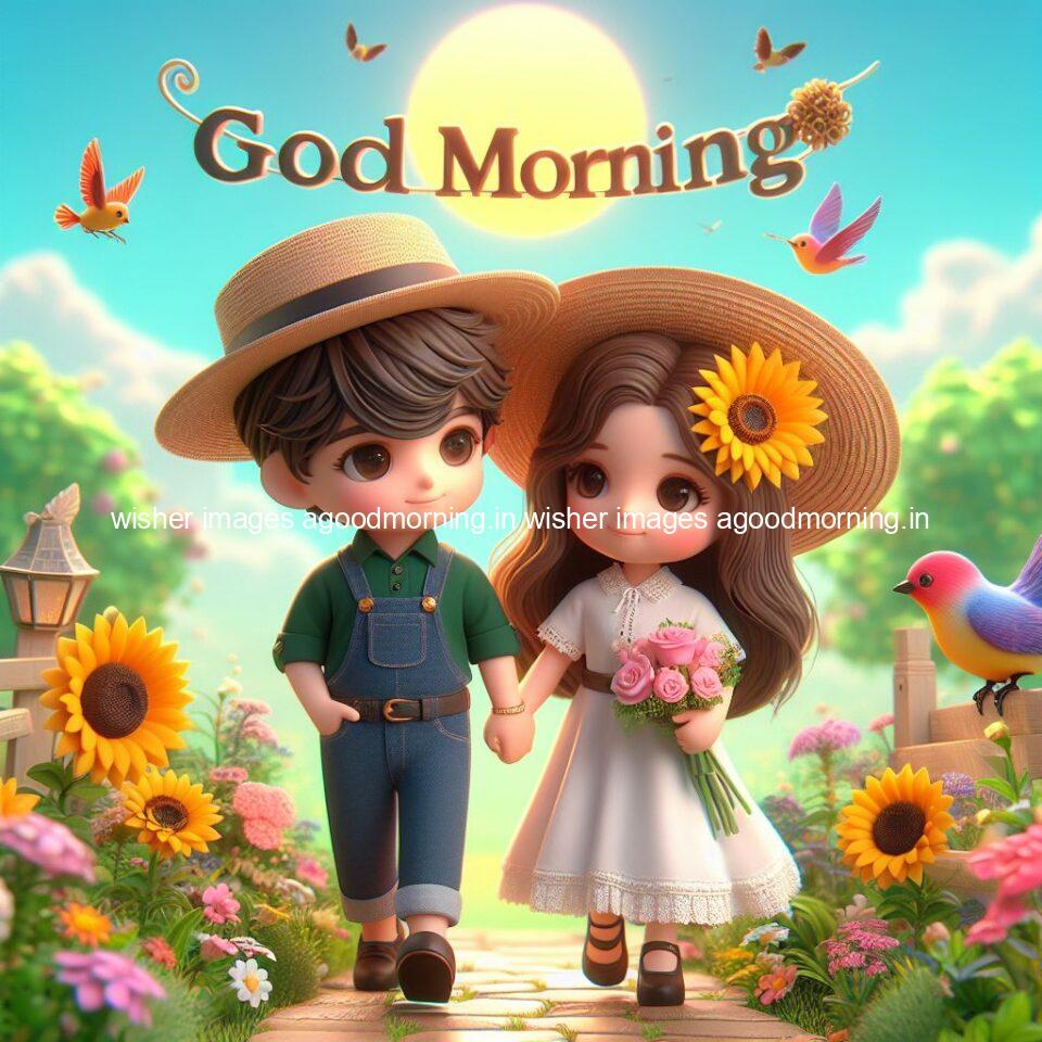 good morning couple images couple is walking in garden with all around flowers are placed with butterfly morning vibes ()