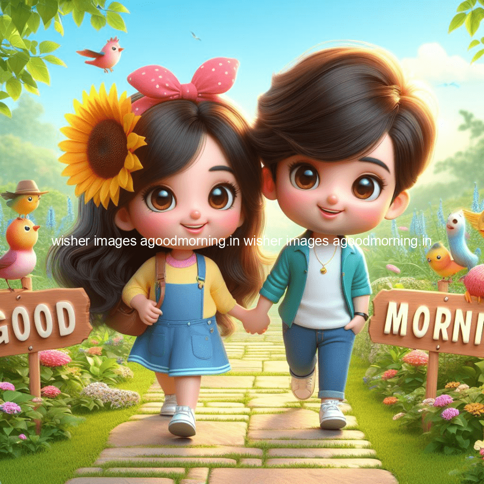 good morning couple images couple is walking in garden with all around flowers are placed with butterfly morning vibes ()