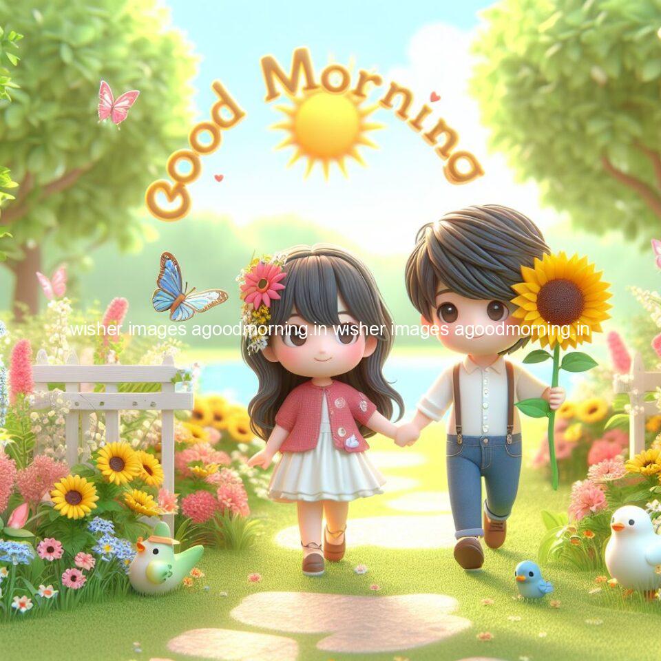 good morning couple images couple is walking in garden with all around flowers are placed with butterfly morning vibes ()