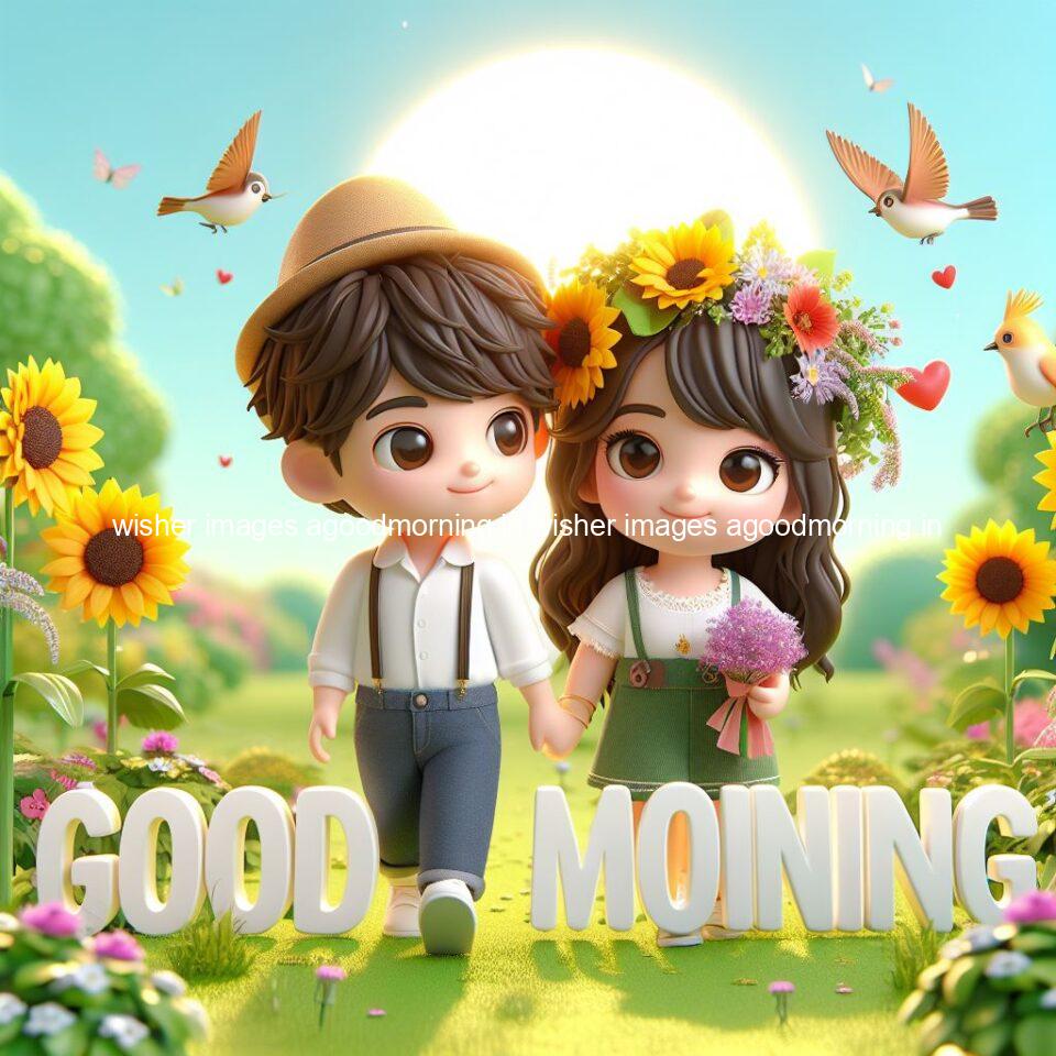 good morning couple images couple is walking in garden with all around flowers are placed with butterfly morning vibes ()