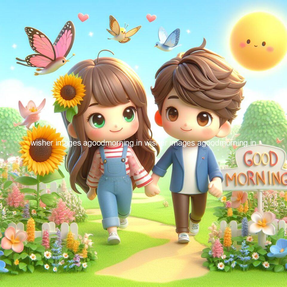 good morning couple images couple is walking in garden with all around flowers are placed with butterfly morning vibes ()