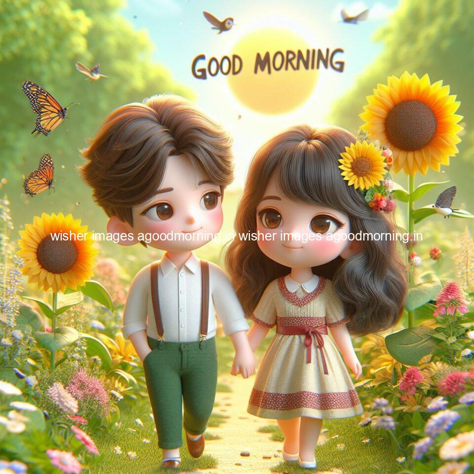 good morning couple images couple is walking in garden with all around flowers are placed with butterfly morning vibes ()