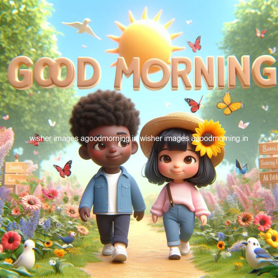 good morning couple images couple is walking in garden with all around flowers are placed with butterfly morning vibes ()