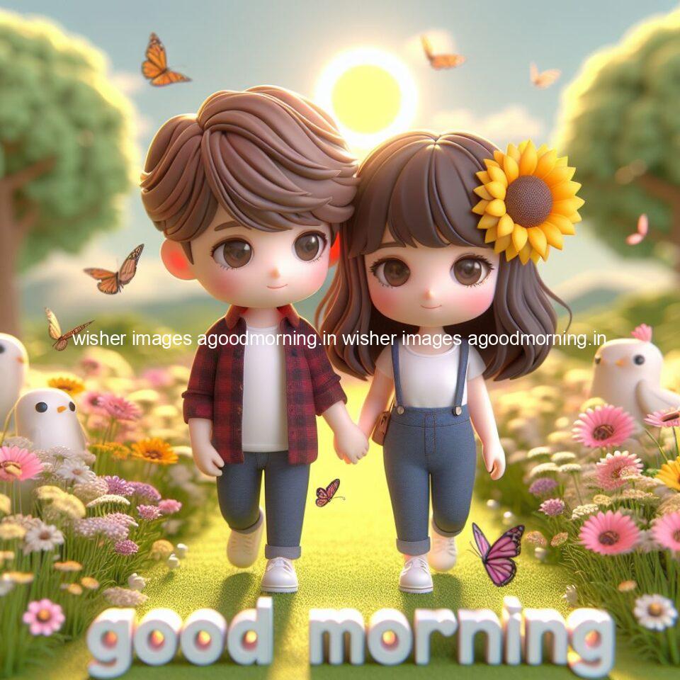 good morning couple images couple is walking in garden with all around flowers are placed with butterfly morning vibes ()