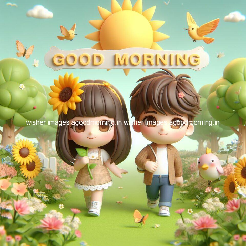 good morning couple images couple is walking in garden with all around flowers are placed with butterfly morning vibes ()