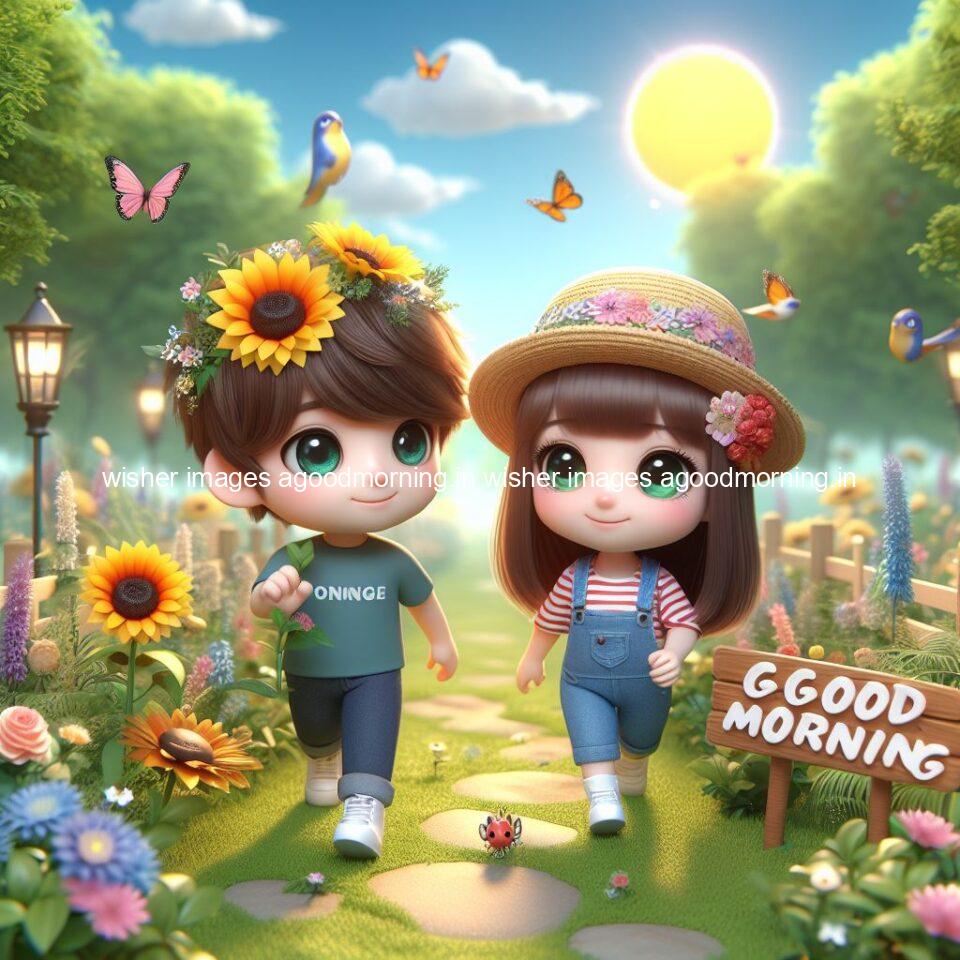 good morning couple images couple is walking in garden with all around flowers are placed with butterfly morning vibes ()