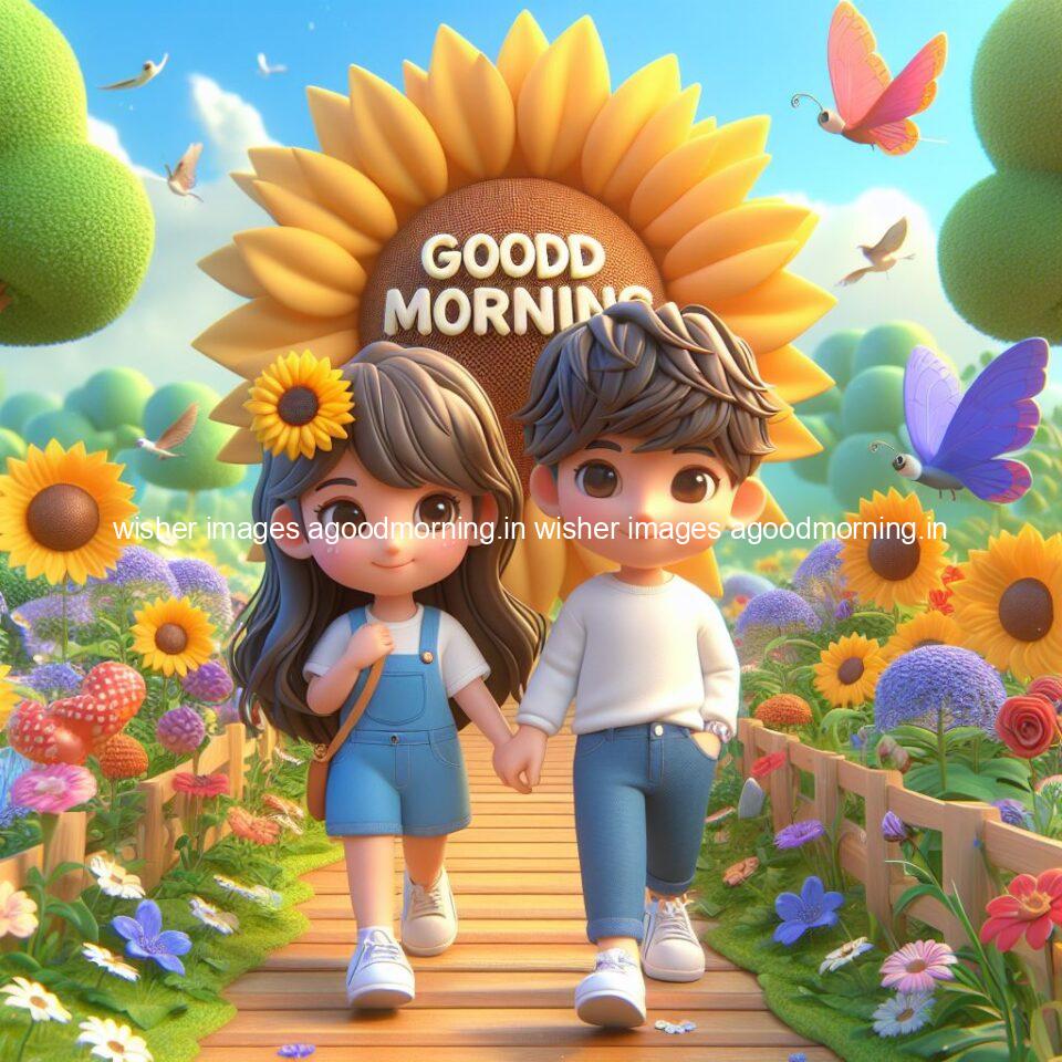 good morning couple images couple is walking in garden with all around flowers are placed with butterfly morning vibes ()