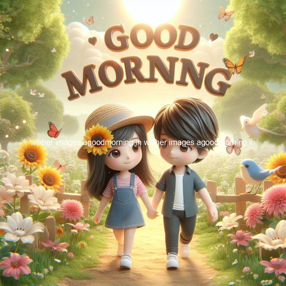 good morning couple images couple is walking in garden with all around flowers are placed with butterfly morning vibes ()